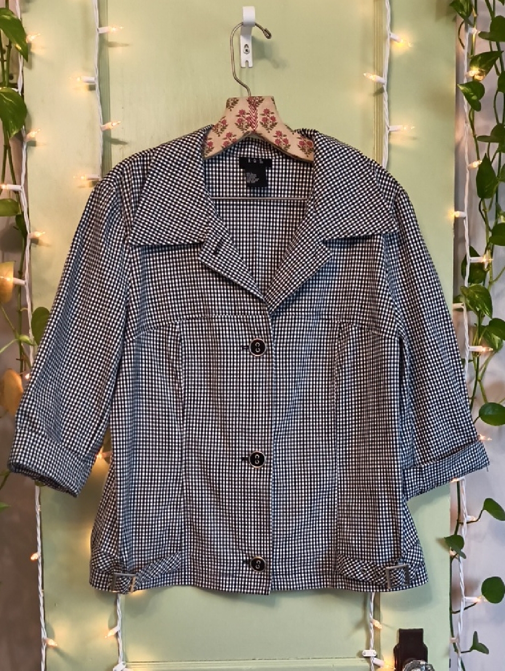 Women's RQT Gingham Black White Semi sleeve Button Up Jacket Layer L